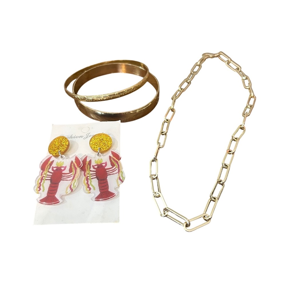 Gold Lobster / Crawfish Jewelry Lot Women OS Paperclip Acrylic‎ Bangle